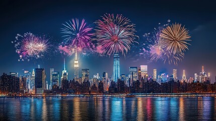 Spectacular fireworks light up the new york city skyline at night