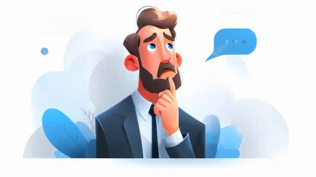 A thoughtful man in a suit looks up with a pondering expression against a light background with speech bubbles.