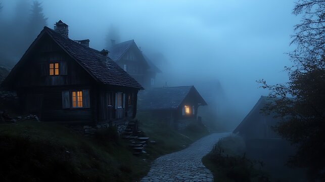 picturesque village scene with rustic wooden houses, glowing windows, and a winding path, all enveloped in dense fog at night, creating a mysterious and cozy atmosphere