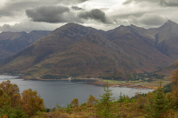 The hamlet of Ratagan is seen on the shore of Loch Duich from Old Military Road near Ratagan Pass in western Scotland.