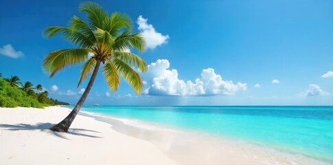 Obraz premium A solitary palm tree stands on a pristine, white sand beach, turquoise water lapping gently at the shore, under a vibrant blue sky; a quintessential deserted island scene , landscape, calm, solitude