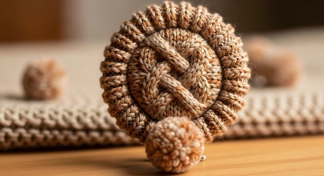 Handmade Cable Knit Coaster with Decorative Pom-Pom Detail perfect for craft blog header, DIY project inspiration, home decor website banner, textile