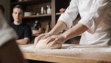 Chef kneading dough, children watch