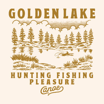 lake illustration fishing graphic wooden boat design forest badge outdoor vintage adventure
