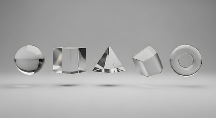 Transparent Geometric Shapes Floating on Grey Background perfect for website banner, educational materials, technology blogs, design concepts,