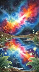 Naklejka premium Vibrant Cosmic Galaxy Reflected in Serene Water Landscape.