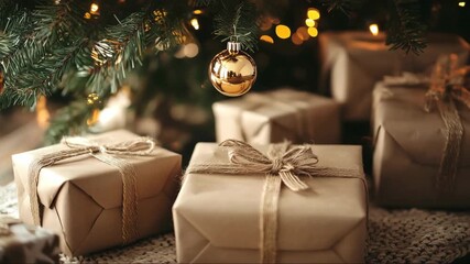 Holiday gifts wrapped in brown paper under a Christmas tree with golden ornaments glowing softly