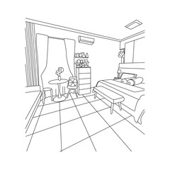 Detailed Line Art Sketch of a Modern Interior Room