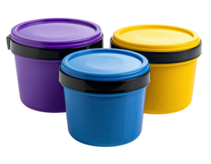 Three colorful, lidded food storage containers, arranged on a black background