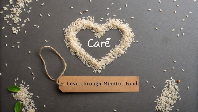 Heart-Shaped Rice Arrangement with Tag and Mindful Food Message for Inspiring Wellness and Healthy Living