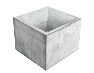 A geometric square concrete planter is shown isolated on a black background