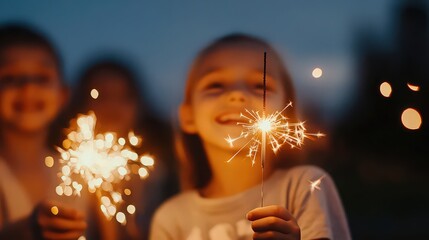 A joyful young girl with a bright smile holds a sparkling sparkler, celebrating a festive occasion with friends in the evening light