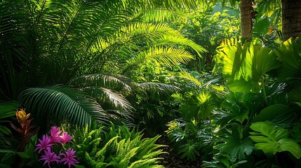 Lush tropical plant life, including ferns and broad leaves, is illuminated by warm sunlight in a vibrant jungle garden. Ideal for nature, travel, or ecological