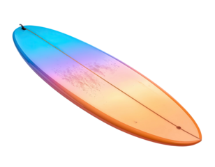 Long surfboard with gradient color scheme against black background, top view