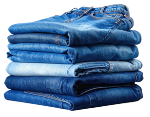 A stack of folded blue denim jeans, various shades, neatly arranged and lit