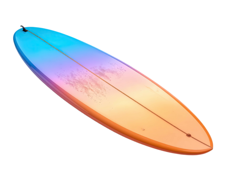 Long surfboard with gradient color scheme against black background, top view