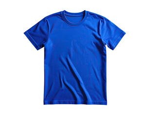 Bright blue t-shirt, flat lay, solid color, short sleeves, crew neck, textile