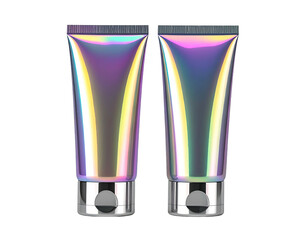 Two tubes, holographic iridescent finish, silver base, product packaging, beauty