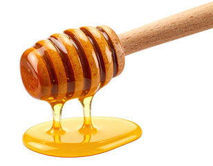 Close-up of a honey dipper dripping golden honey onto a pool of more honey