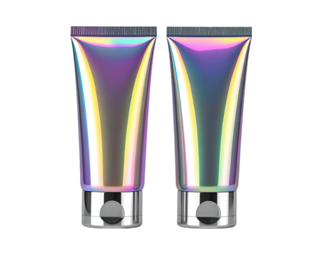 Two tubes, holographic iridescent finish, silver base, product packaging, beauty