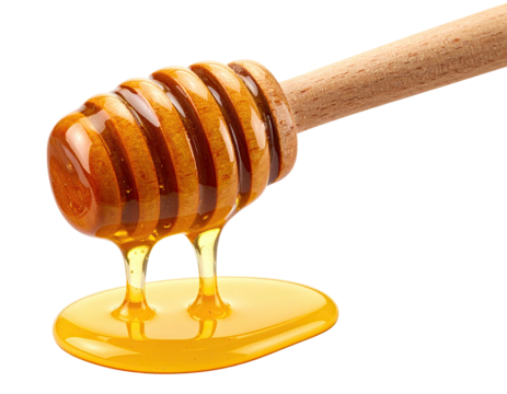 Close-up of a honey dipper dripping golden honey onto a pool of more honey