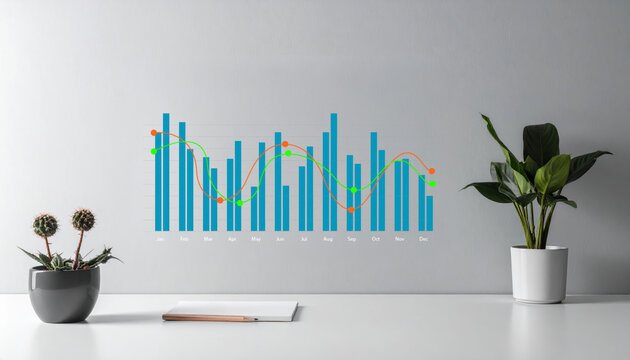 Modern workspace with chart on wall showing data analysis. business graph represents e commerce growth using ai for personalization in focused office environment