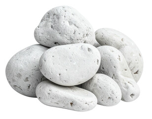 A pile of smooth, white stones of various sizes, against a transparent background