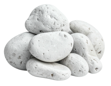 A pile of smooth, white stones of various sizes, against a transparent background