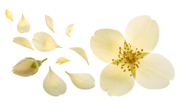 Elegant deconstruction of a single white blossom, showing scattered delicate petals and a new bud on a pristine white surface