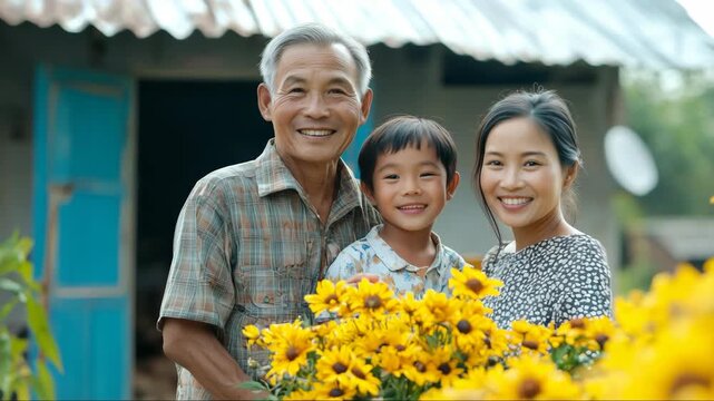 Family poses together in a sunny garden filled with yellow flowers during a warm afternoon