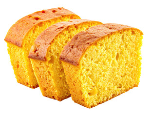 Sliced, golden-yellow baked bread, showcasing a soft crumb on black background