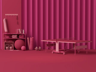 Viva magenta is a trend colour year in sport fitness equipment. Yoga mat, table tennis, Kettlebell on dark pink background. Trendy 3d render for lifting in the gym, home.