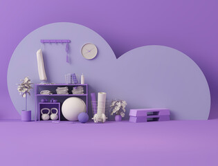 Sport fitness equipment, yoga mat, Kettlebell, dumbbells, table tennis on pastel purple background. Trendy 3d render for fitness, lifting in the gym, gym at home.	