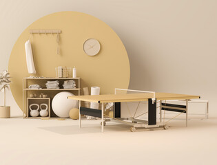 Sport fitness equipment, yoga mat, Kettlebell, dumbbells, table tennis on pastel beige yellow background. Trendy 3d render for fitness, lifting in the gym, gym at home.	