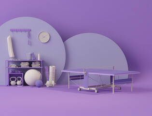 Sport fitness equipment, yoga mat, Kettlebell, dumbbells, table tennis on pastel purple background. Trendy 3d render for fitness, lifting in the gym, gym at home.	
