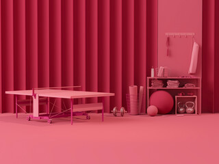 Viva magenta is a trend colour year in sport fitness equipment. Yoga mat, table tennis, Kettlebell on dark pink background. Trendy 3d render for lifting in the gym, home.