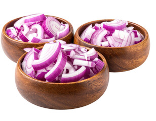 Three wooden bowls filled with vibrant, chopped red onions, ready for culinary use
