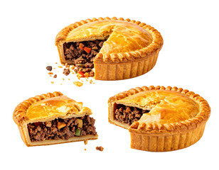 Three golden, open-topped savory pies showcasing ground meat and vegetable fillings