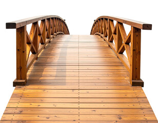Low-angle perspective of an arched, wooden bridge, on a black background