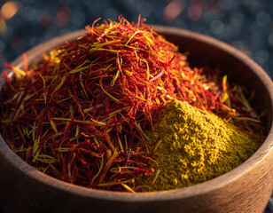Fototapeta premium Closeup of Saffron Threads and Yellow Powder in a Wooden Bowl Culinary Spices, Condiments, Flavors, and Ingredients.