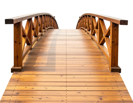 Low-angle perspective of an arched, wooden bridge, on a black background