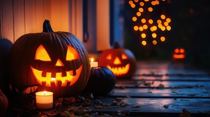 Glowing jackolanterns and candles illuminate a spooky halloween night