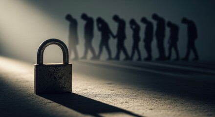 Padlock with silhouetted figures walking in a dimly lit, somber path. Representing freedom and the fight against exploitation and captivity.