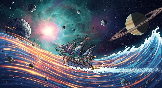 Cosmic Galleon Voyage Aboard a Radiant Wave Amidst Celestial Spheres in Artistic Style