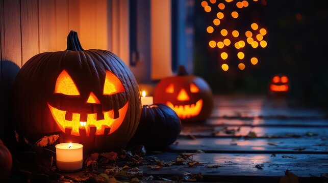 Glowing jackolanterns and candles illuminate a spooky halloween night - Powered by Adobe