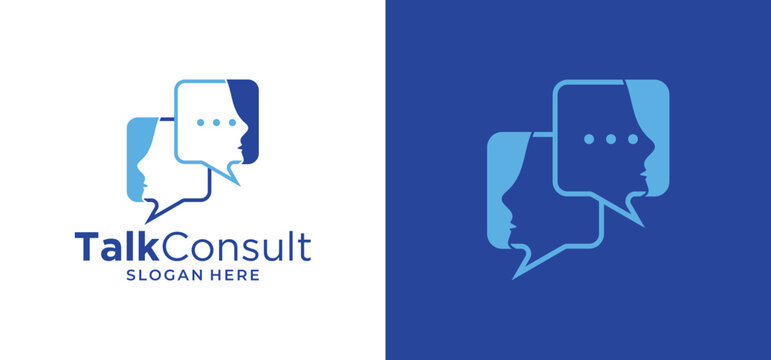 Communication logo design with a human face. Social technology conversation icon vector.