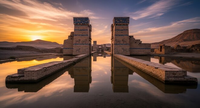 Ancient Uruk Ziggurat Reflection Captured in Tranquil Waters During Golden Hour Sunset