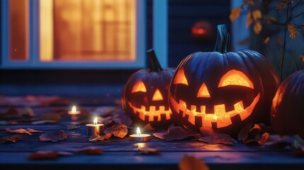 Spooky halloween jackolanterns glowing on a porch with autumn leaves