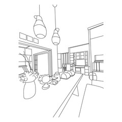 Detailed Line Art Sketch of a Modern Interior Room