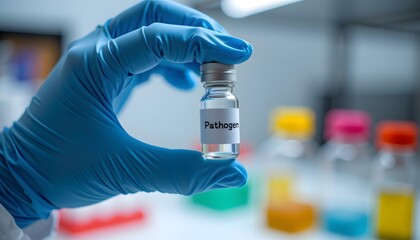 Laboratory scientist holding a glass vial labeled Pathogen in a modern research facility surrounded by colorful reagents in small containers on the table